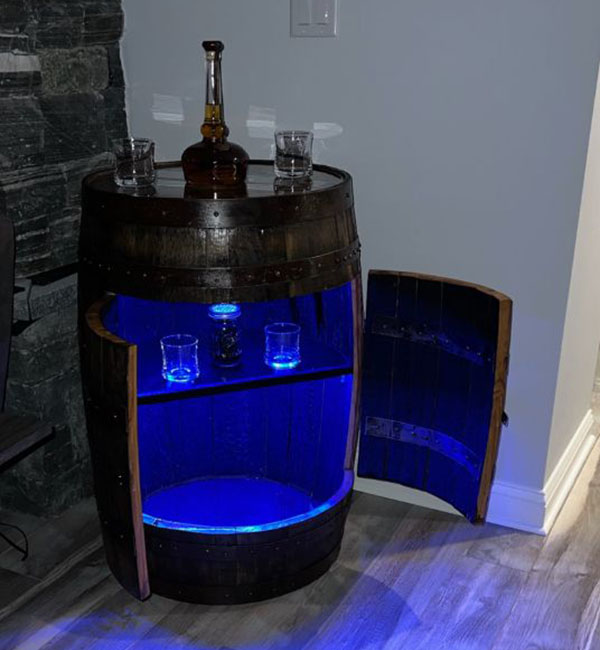 Custom Handcrafted Full Bourbon Barrel Bar with LED Lighting & Locking Storage