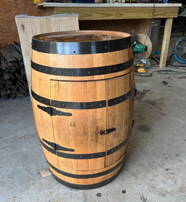 Custom Handcrafted Full Bourbon Barrel Bar with LED Lighting & Locking Storage