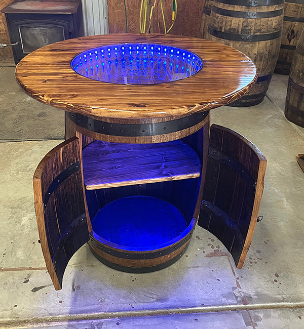 Handcrafted Bourbon Barrel Pub Table Bar with LED Lighting & Storage