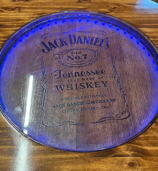 Handcrafted Bourbon Barrel Pub Table Bar with LED Lighting & Storage