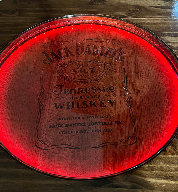Handcrafted Bourbon Barrel Pub Table Bar with LED Lighting & Storage