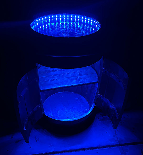 Handcrafted Bourbon Barrel Pub Table Bar with LED Lighting & Storage