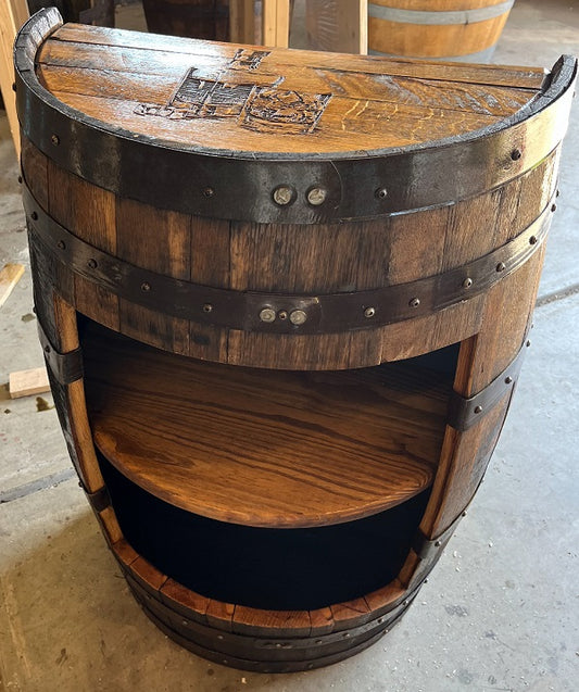 Handcrafted Half-Barrel Bar with Open Shelves
