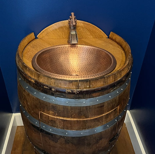 Handcrafted Bourbon Barrel Bathroom Vanity with Copper Sink