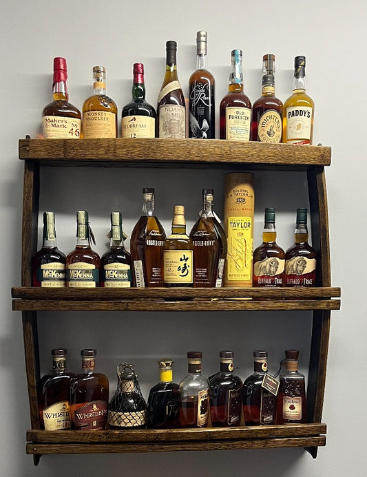 Handcrafted Bourbon Barrel Stave 3-Shelf Bottle Display