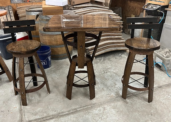 Handcrafted Bourbon Barrel Pub Table & Bar Stool Set