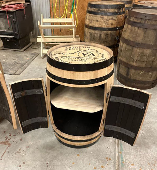 Custom Handcrafted Full Bourbon Barrel Bar with LED Lighting & Locking Storage
