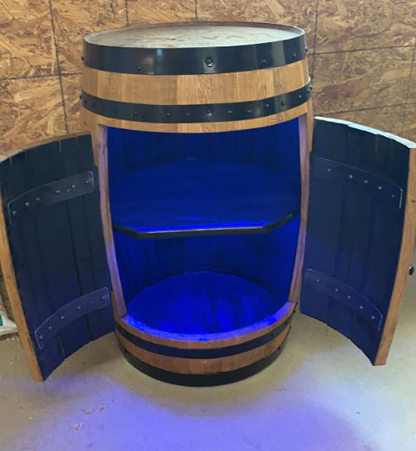 Custom Handcrafted Full Bourbon Barrel Bar with LED Lighting & Locking Storage