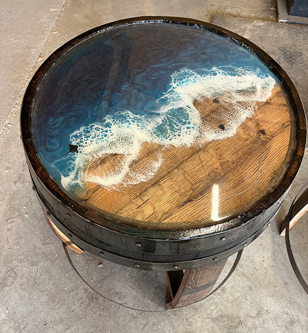 Handcrafted Bourbon Barrel Resin Art Accent Table