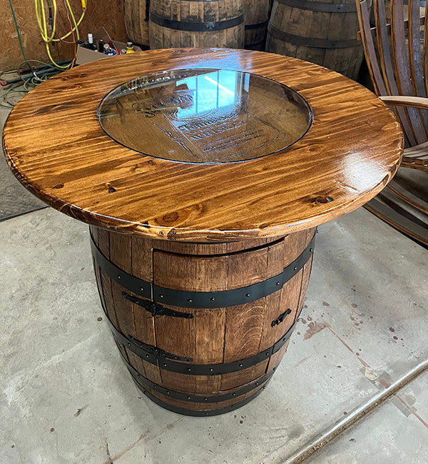 Handcrafted Bourbon Barrel Pub Table Bar with LED Lighting & Storage