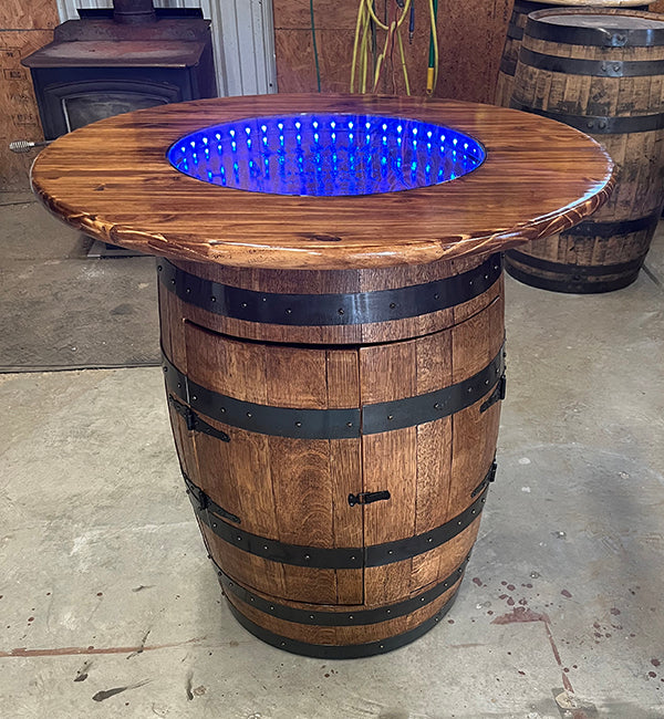 Handcrafted Bourbon Barrel Pub Table Bar with LED Lighting & Storage