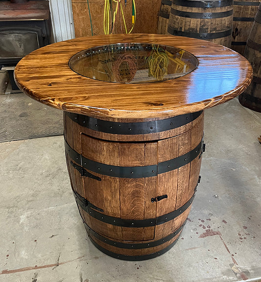 Handcrafted Bourbon Barrel Pub Table Bar with LED Lighting & Storage