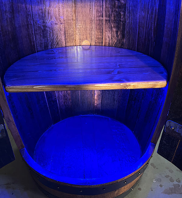 Handcrafted Bourbon Barrel Pub Table Bar with LED Lighting & Storage